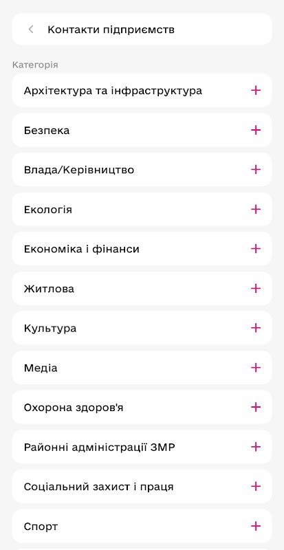Розділ контактів підприємств у застосунку «Цифрове Запоріжжя»